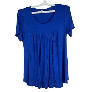 Womens Longyuan Blue Short Sleeve Pleated Top Size XL Rayon & Spandex